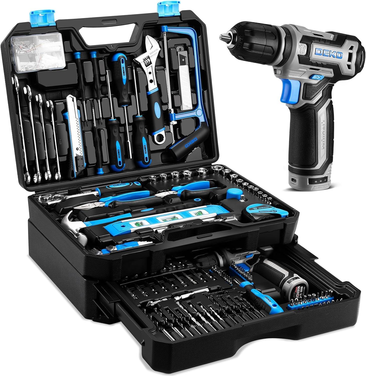 Tool Set: Tool Kit with 12V Cordless Drill, Hand Toolbox with